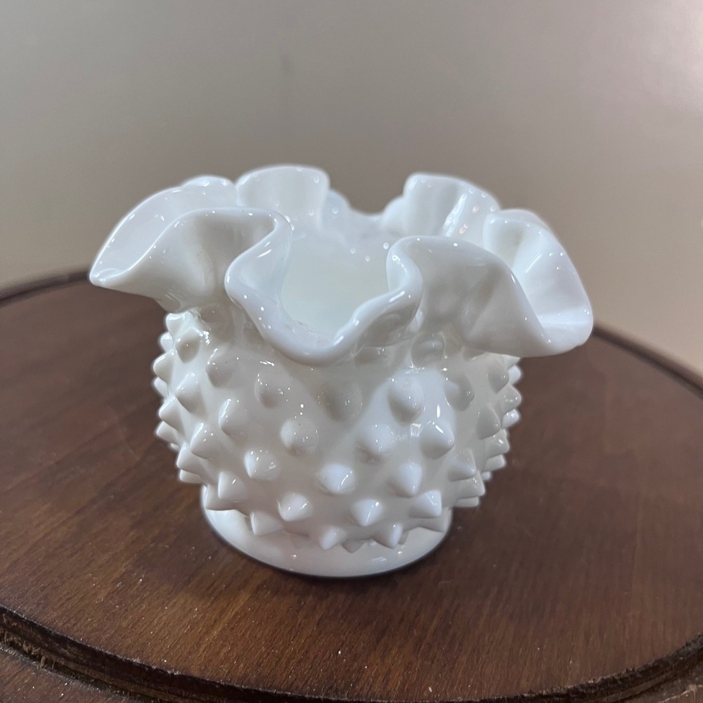 Vtg Fenton White Milk Glass Hobnail Rose Bowl Ruffled Rim Small Vase